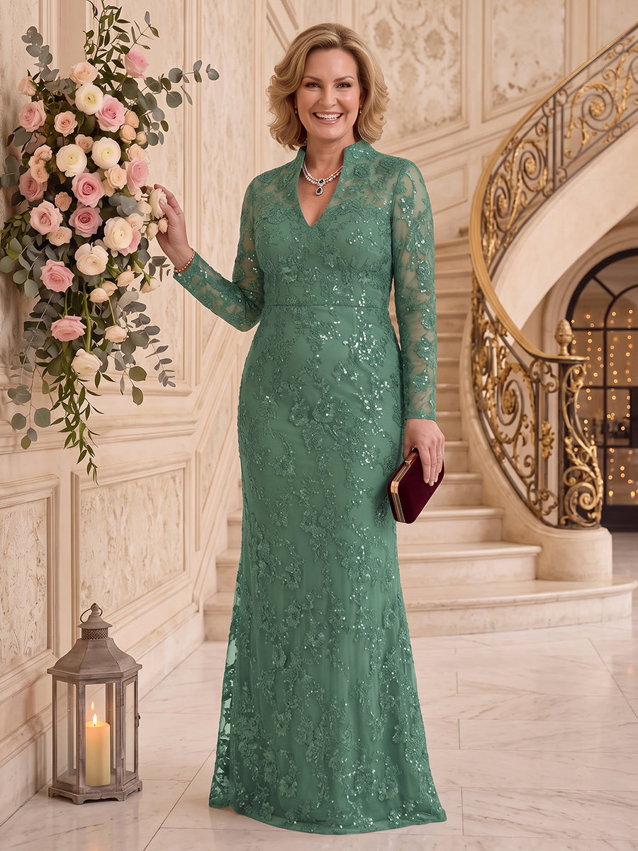 Plus Size Long Sleeves Sequin Mermaid Stand Collar Mother of the Bride/Groom Dresses Floor Length