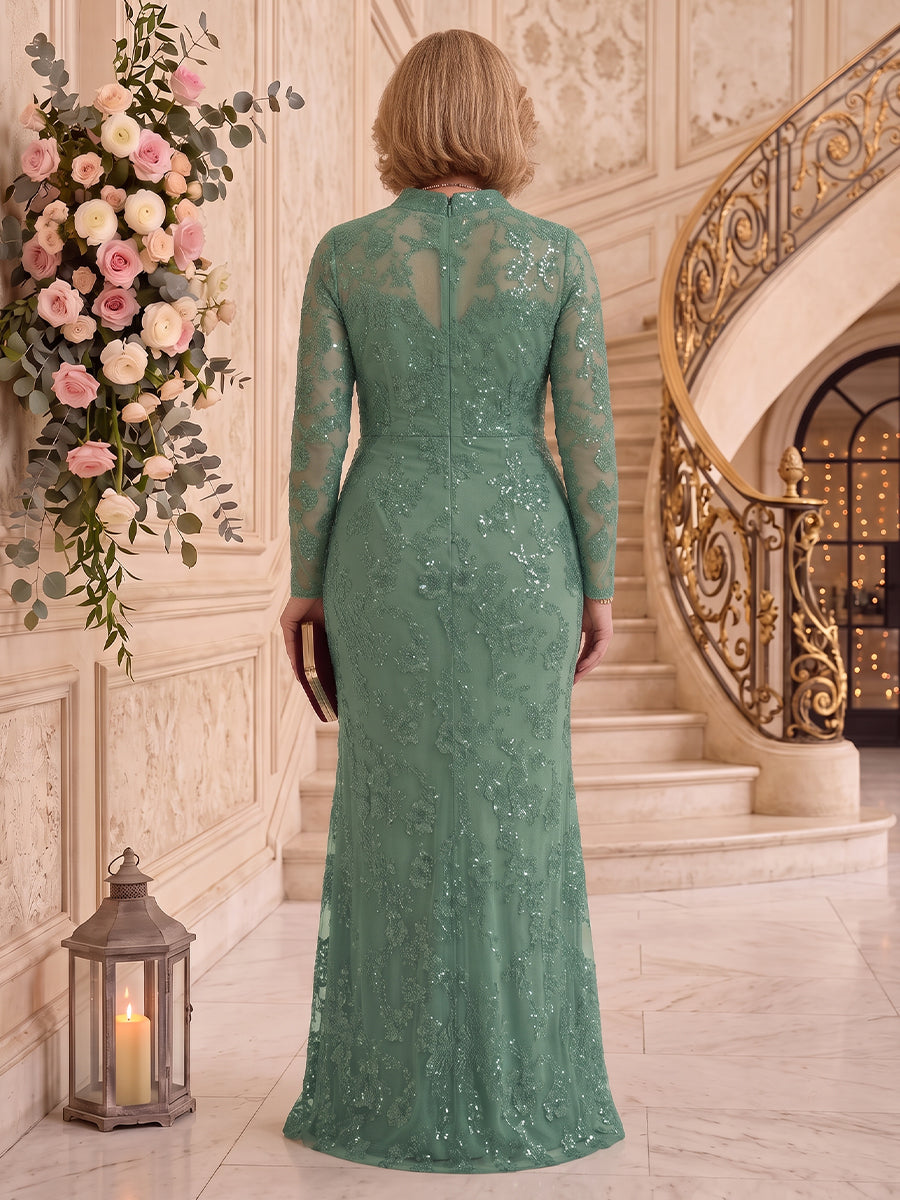Plus Size Long Sleeves Sequin Mermaid Stand Collar Mother of the Bride/Groom Dresses Floor Length
