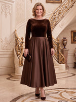 Velvet Satin Long Sleeves Mother of the Bride/Groom Dresses Scoop Neck A Line Ankle Length