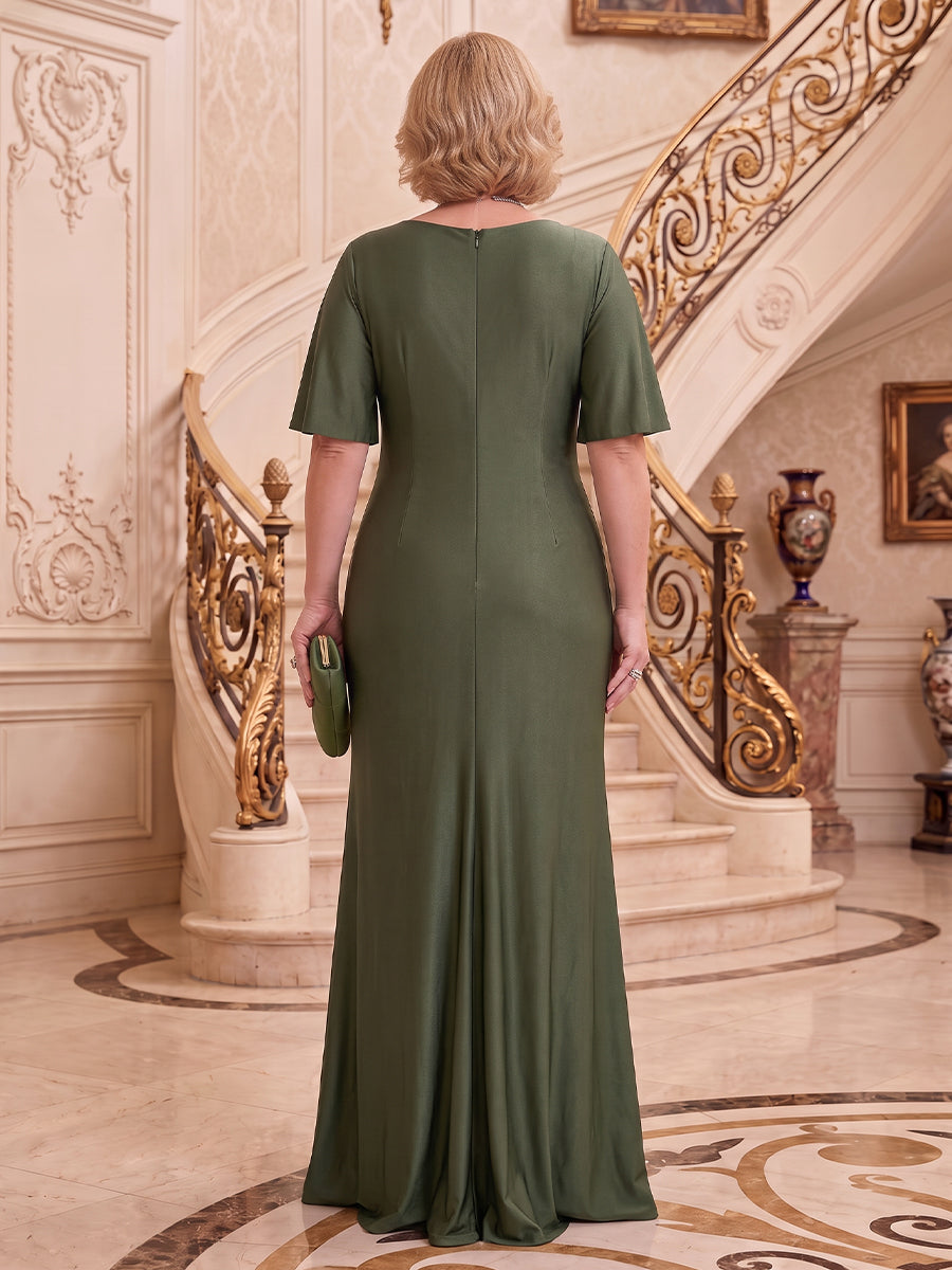 Plus Size Short Sleeves Satin Mermaid/Sheath Mother of the Bride/Groom Dresses Floor Length with Slit