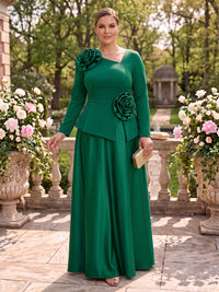 Plus Size Long Sleeves A Line Mother of the Bride/Groom Dresses Satin Floor Length with 3D Flower
