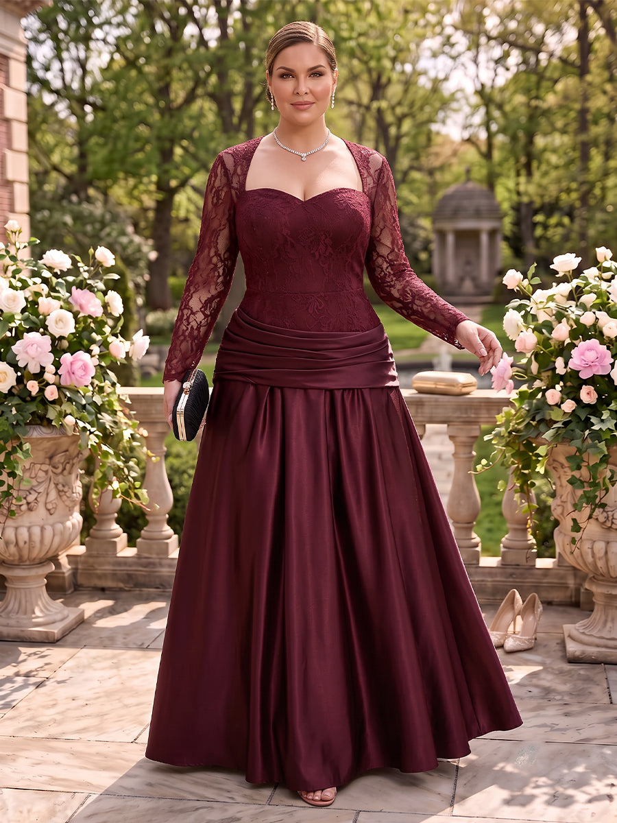 Plus Size Long Sleeves A Line Mother of the Bride/Groom Dresses Lace Satin Floor Length Pleated
