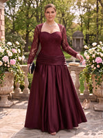 Plus Size Long Sleeves A Line Mother of the Bride/Groom Dresses Lace Satin Floor Length Pleated