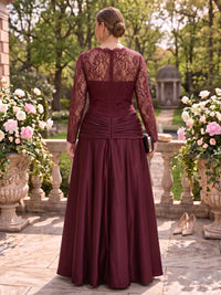 Plus Size Long Sleeves A Line Mother of the Bride/Groom Dresses Lace Satin Floor Length Pleated