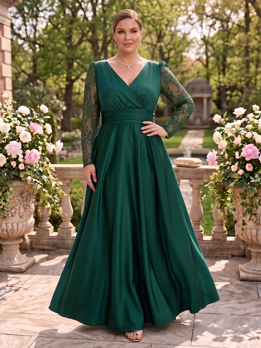 Plus Size Long Sleeves A Line Mother of the Bride/Groom Dresses Lace Satin Floor Length V Neck