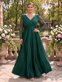 Plus Size Long Sleeves A Line Mother of the Bride/Groom Dresses Lace Satin Floor Length V Neck