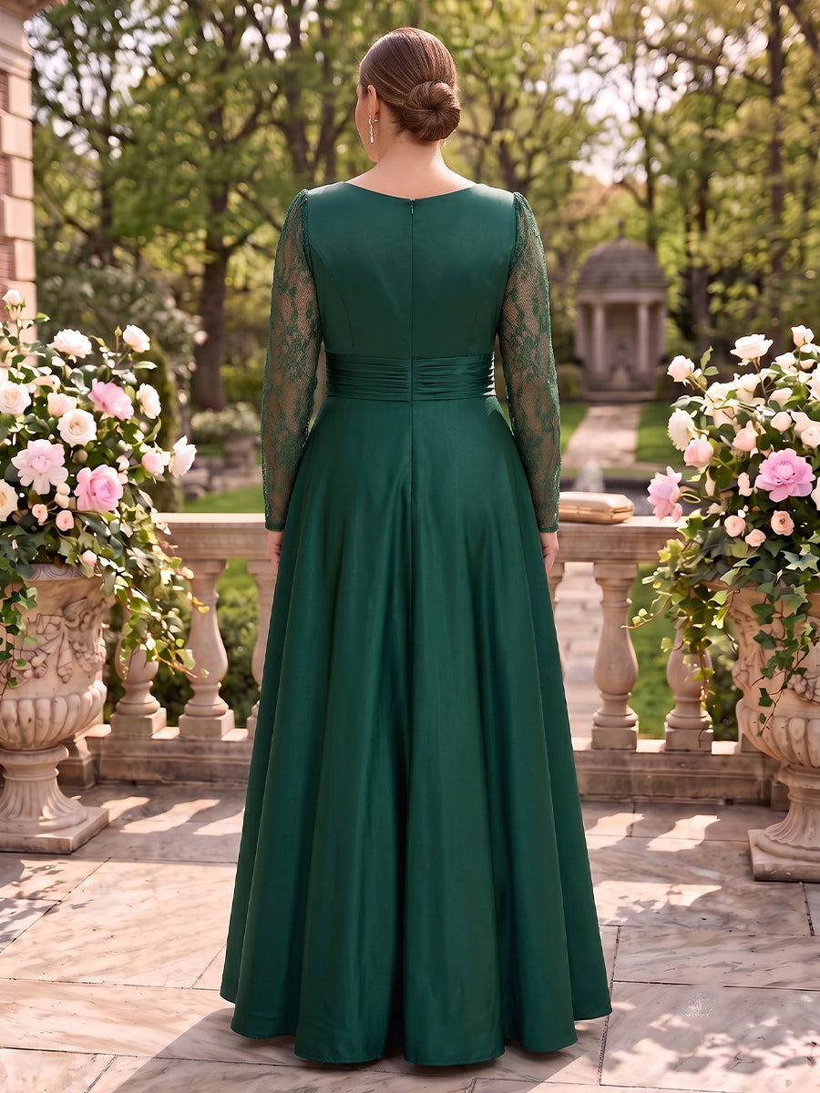 Plus Size Long Sleeves A Line Mother of the Bride/Groom Dresses Lace Satin Floor Length V Neck