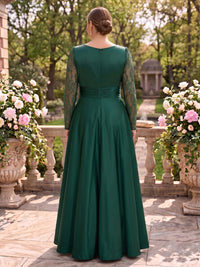 Plus Size Long Sleeves A Line Mother of the Bride/Groom Dresses Lace Satin Floor Length V Neck