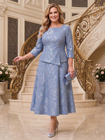 Plus Size Jacquard 3/4 Sleeves Tea Length Mother of the Bride/Groom Dresses Scoop Neck A Line