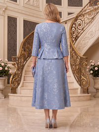 Plus Size Jacquard 3/4 Sleeves Tea Length Mother of the Bride/Groom Dresses Scoop Neck A Line