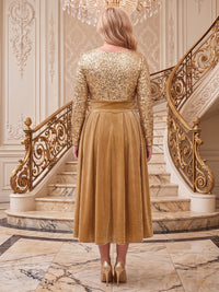 Plus Size Sequin Velvet Long Sleeves Tea Length Mother of the Bride/Groom Dresses Scoop Neck A Line