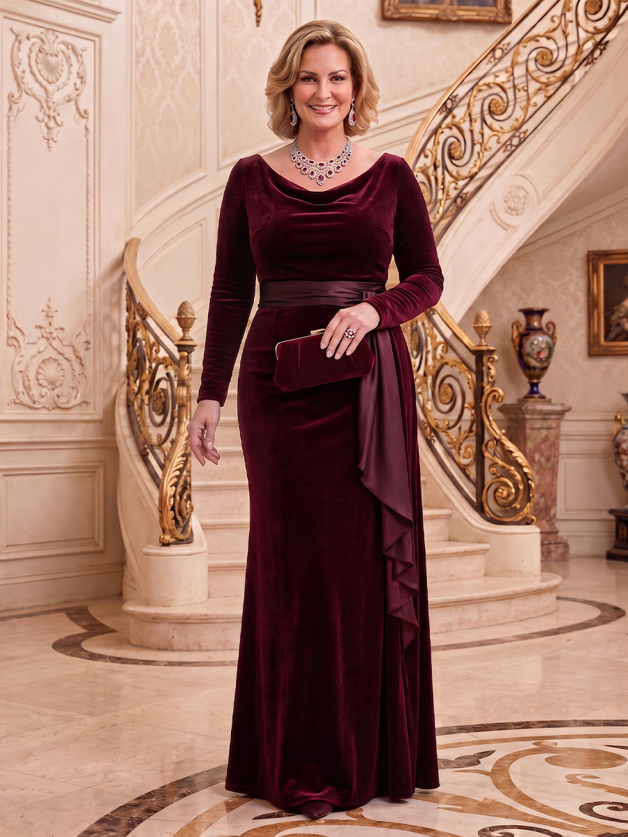 Plus Size Velvet Long Sleeves Floor Length Mother of the Bride/Groom Dresses Cowl Neck Mermaid/Sheath