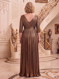 Plus Size Metallic Satin 3/4 Sleeves Floor Length Mother of the Bride/Groom Dresses V Neck A Line