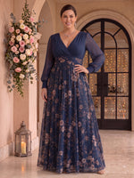 Plus Size Floral Chiffon Long Sleeves Floor Length Mother of the Bride/Groom Dresses V Neck A Line