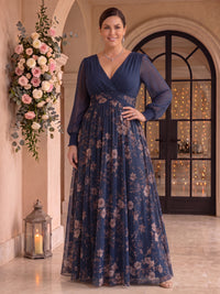 Plus Size Floral Chiffon Long Sleeves Floor Length Mother of the Bride/Groom Dresses V Neck A Line