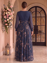 Plus Size Floral Chiffon Long Sleeves Floor Length Mother of the Bride/Groom Dresses V Neck A Line