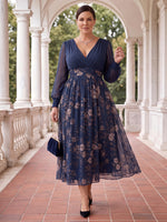 Plus Size Floral Chiffon Long Sleeves Floor Tea Length Mother of the Bride/Groom Dresses V Neck A Line