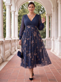 Plus Size Floral Chiffon Long Sleeves Floor Tea Length Mother of the Bride/Groom Dresses V Neck A Line