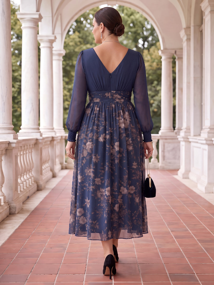 Plus Size Floral Chiffon Long Sleeves Floor Tea Length Mother of the Bride/Groom Dresses V Neck A Line