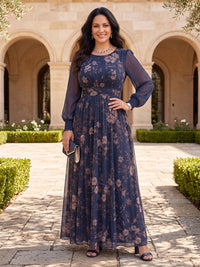 Plus Size Floral Chiffon Long Sleeves Floor Length Mother of the Bride/Groom Dresses Scoop Neck A Line
