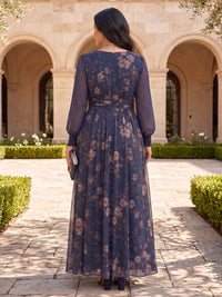 Plus Size Floral Chiffon Long Sleeves Floor Length Mother of the Bride/Groom Dresses Scoop Neck A Line