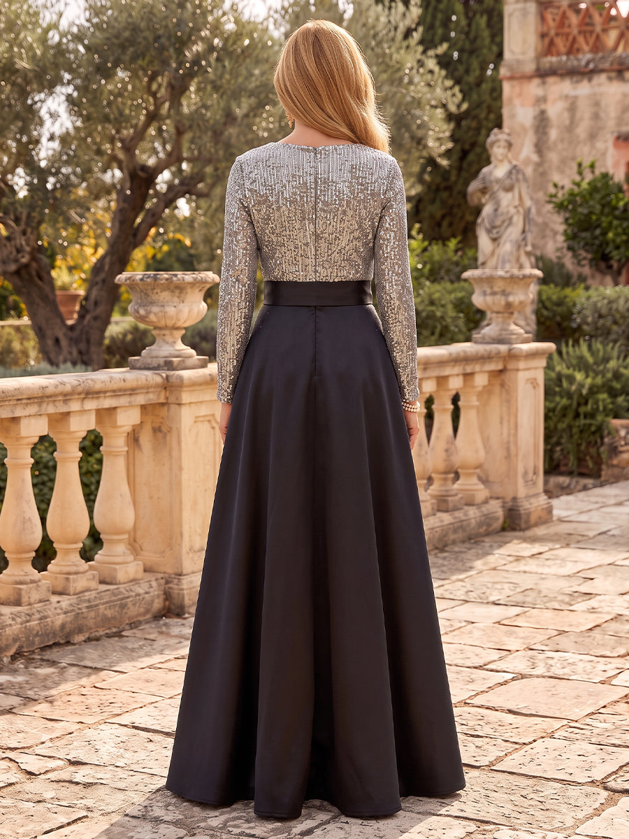Sequin Satin Long Sleeves Floor Length Mother of the Bride/Groom Dresses V Neck A Line with Belt