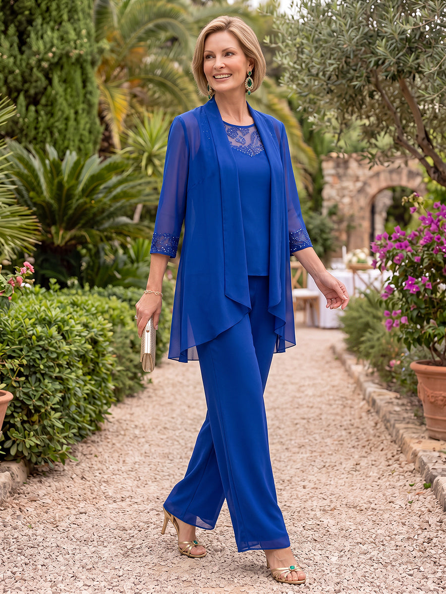 3 Pieces 3/4 Sleeves Chiffon Mother of the Bride/Groom Pantsuit  with Jacket Round Neck Floor Length
