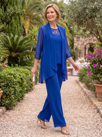 3 Pieces 3/4 Sleeves Chiffon Mother of the Bride/Groom Pantsuit  with Jacket Round Neck Floor Length