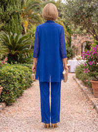 3 Pieces 3/4 Sleeves Chiffon Mother of the Bride/Groom Pantsuit  with Jacket Round Neck Floor Length
