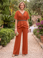2 Pieces Short Sleeves Chiffon Mother of the Bride/Groom Pantsuit  with Jacket V Neck Floor Length
