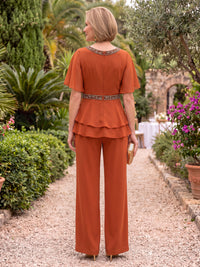 2 Pieces Short Sleeves Chiffon Mother of the Bride/Groom Pantsuit  with Jacket V Neck Floor Length