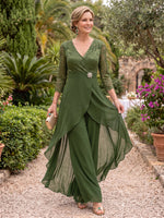 2 Pieces Long Sleeves Lace Mother of the Bride/Groom Pantsuit V Neck Floor Length