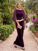 2 Pieces 3/4 Sleeves Velvet Mother of the Bride/Groom Pantsuit Round Neck Floor Length