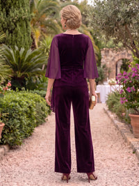 2 Pieces 3/4 Sleeves Velvet Mother of the Bride/Groom Pantsuit Round Neck Floor Length
