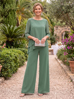2 Pieces 3/4 Sleeves Mother of the Bride/Groom Pantsuit Chiffon Round Neck Floor Length