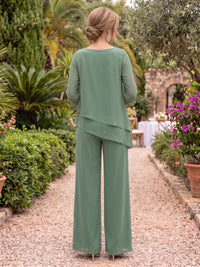 2 Pieces 3/4 Sleeves Mother of the Bride/Groom Pantsuit Chiffon Round Neck Floor Length