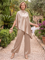 2 Pieces Cape Sleeves Mother of the Bride/Groom Pantsuit Satin High Neck Floor Length