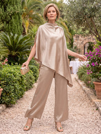 2 Pieces Cape Sleeves Mother of the Bride/Groom Pantsuit Satin High Neck Floor Length