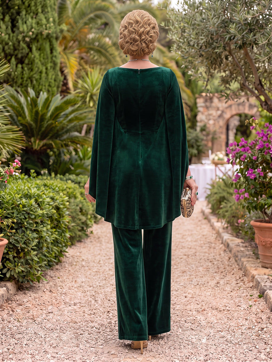 Cape Sleeves Round Neck Velvet Mother of the Bride/Groom Jumpsuit Floor Length