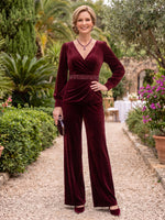 2 Pieces Velvet Long Sleeves V Neck Mother of the Bride/Groom Pantsuit Floor Length