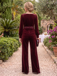 2 Pieces Velvet Long Sleeves V Neck Mother of the Bride/Groom Pantsuit Floor Length