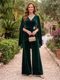 Velvet Long Sleeves V Neck Floor Length Mother of the Bride/Groom Jumpsuit