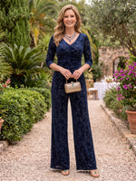 Floral Velvet 3/4 Sleeves V Neck Floor Length Mother of the Bride/Groom Jumpsuit