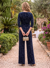 Floral Velvet 3/4 Sleeves V Neck Floor Length Mother of the Bride/Groom Jumpsuit
