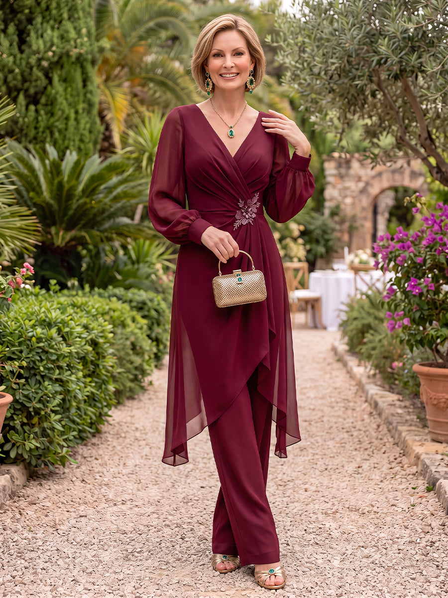 Long Sleeves Mother of the Bride/Groom Pantsuit Chiffon V Neck Pleated Floor Length
