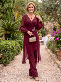 Long Sleeves Mother of the Bride/Groom Pantsuit Chiffon V Neck Pleated Floor Length