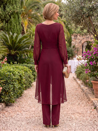 Long Sleeves Mother of the Bride/Groom Pantsuit Chiffon V Neck Pleated Floor Length