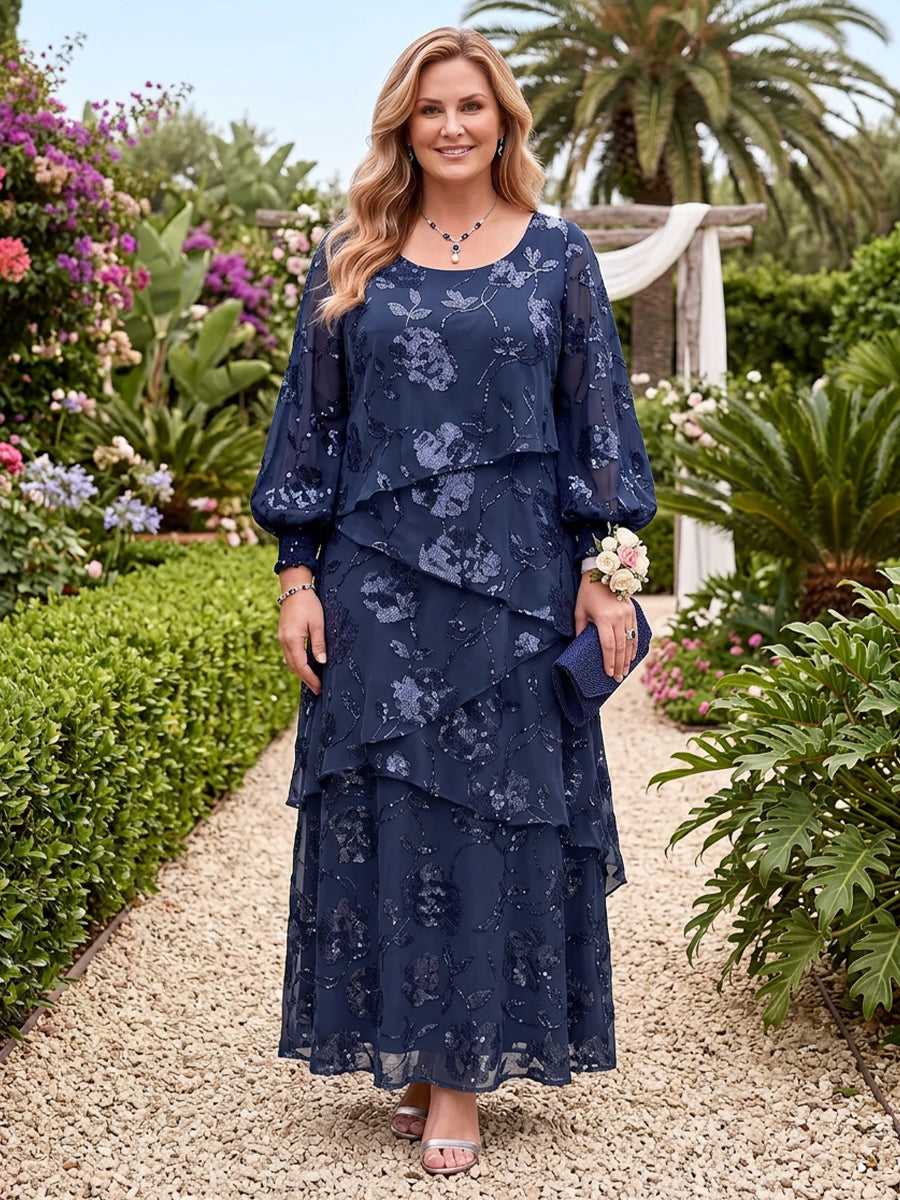 Plus Size Sequin Mother of the Bride/Groom Dresses Tiered A Line Scoop Neck Long Sleeves Floor  Length
