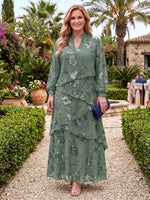 Plus Size Sequin Mother of the Bride/Groom Dresses Tiered A Line Stand Collar Long Sleeves Floor Length