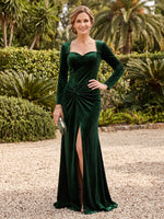 Long Sleeves Velvet Mermaid/Sheath Mother of the Bride/Groom Dresses with Slit V Neck Pleated
